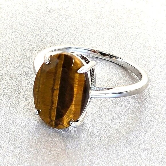 925 Sterling Silver Ring Sz 7.5 with Natural Tiger's Eye Gemstone 13x10mm - Picture 2 of 14